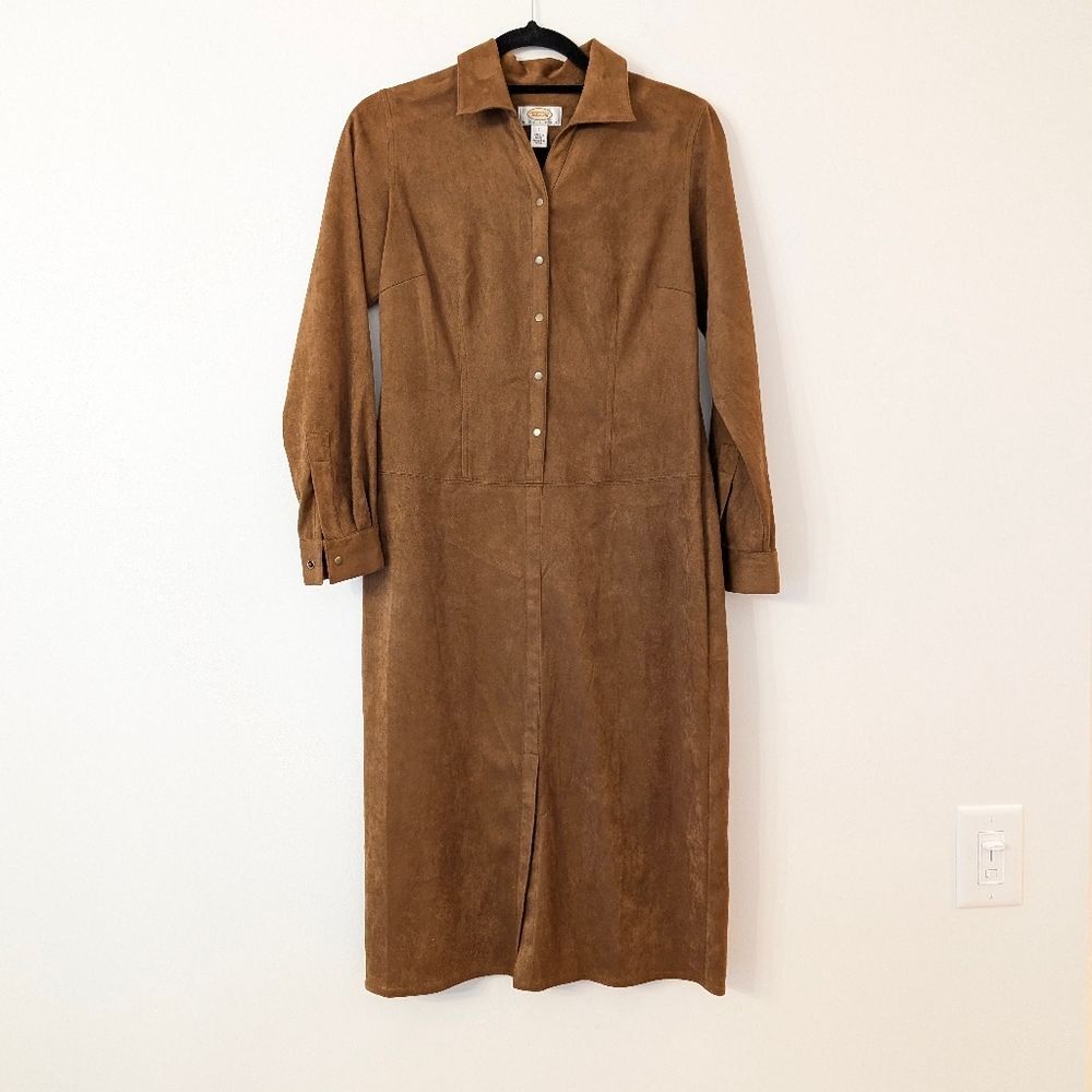 VTG Talbots Faux Suede Snap Shirt Dress Brown Western Y2K Minimalist Petite